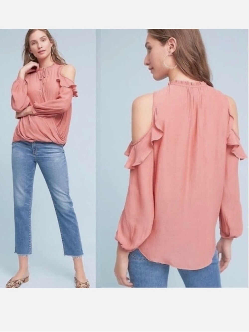 New Anthropologie Maeve Liesel Cold Shoulder Ruffle Blouse Dusty Rose Medium